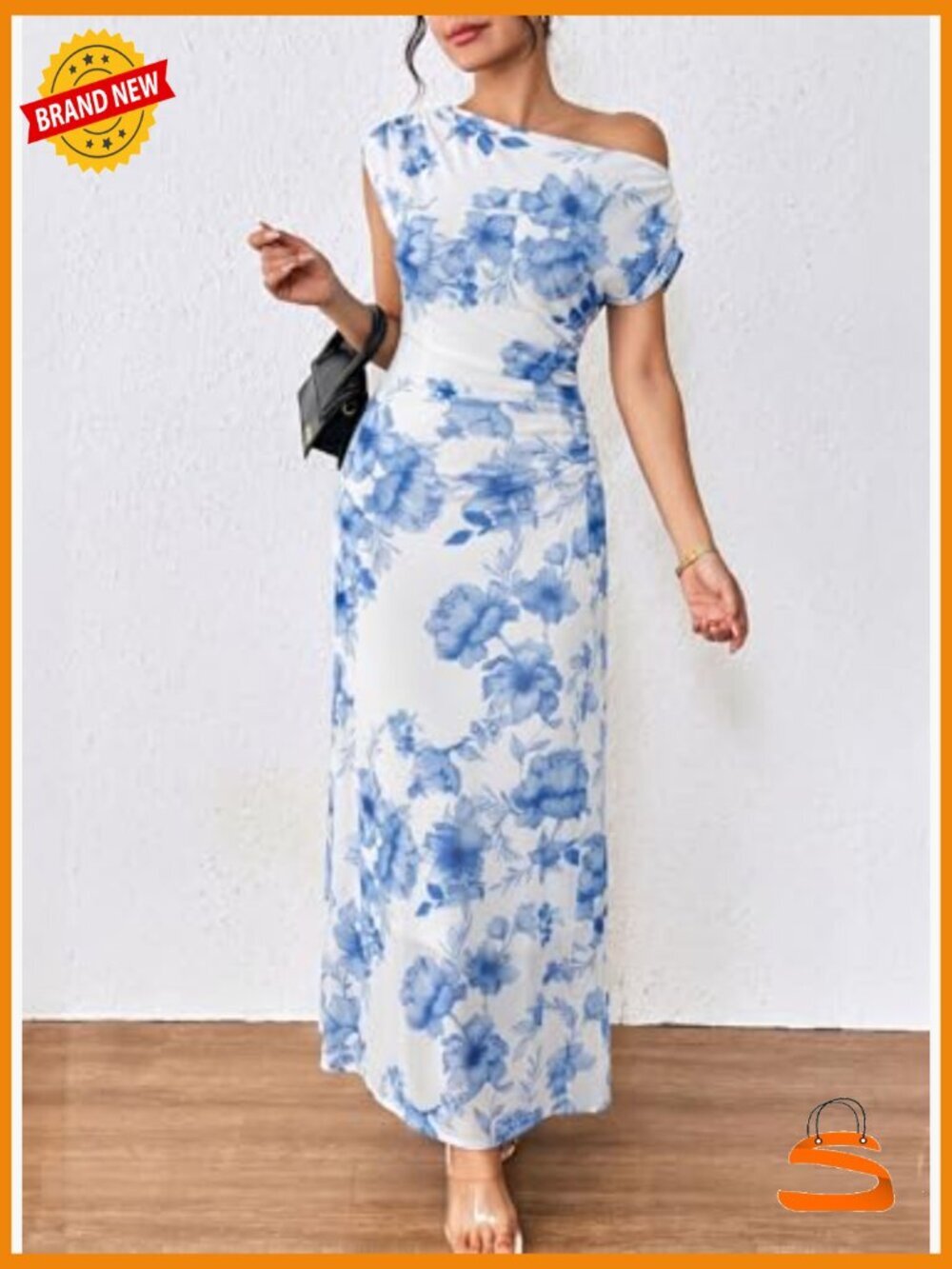 Elegant Off Shoulder Floral Maxi Dress Ruched Bodycon Wedding Guest Gown - Picture 3 of 7